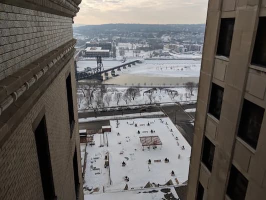 View from the original First National Bank skyway looking over downtown St. Paul