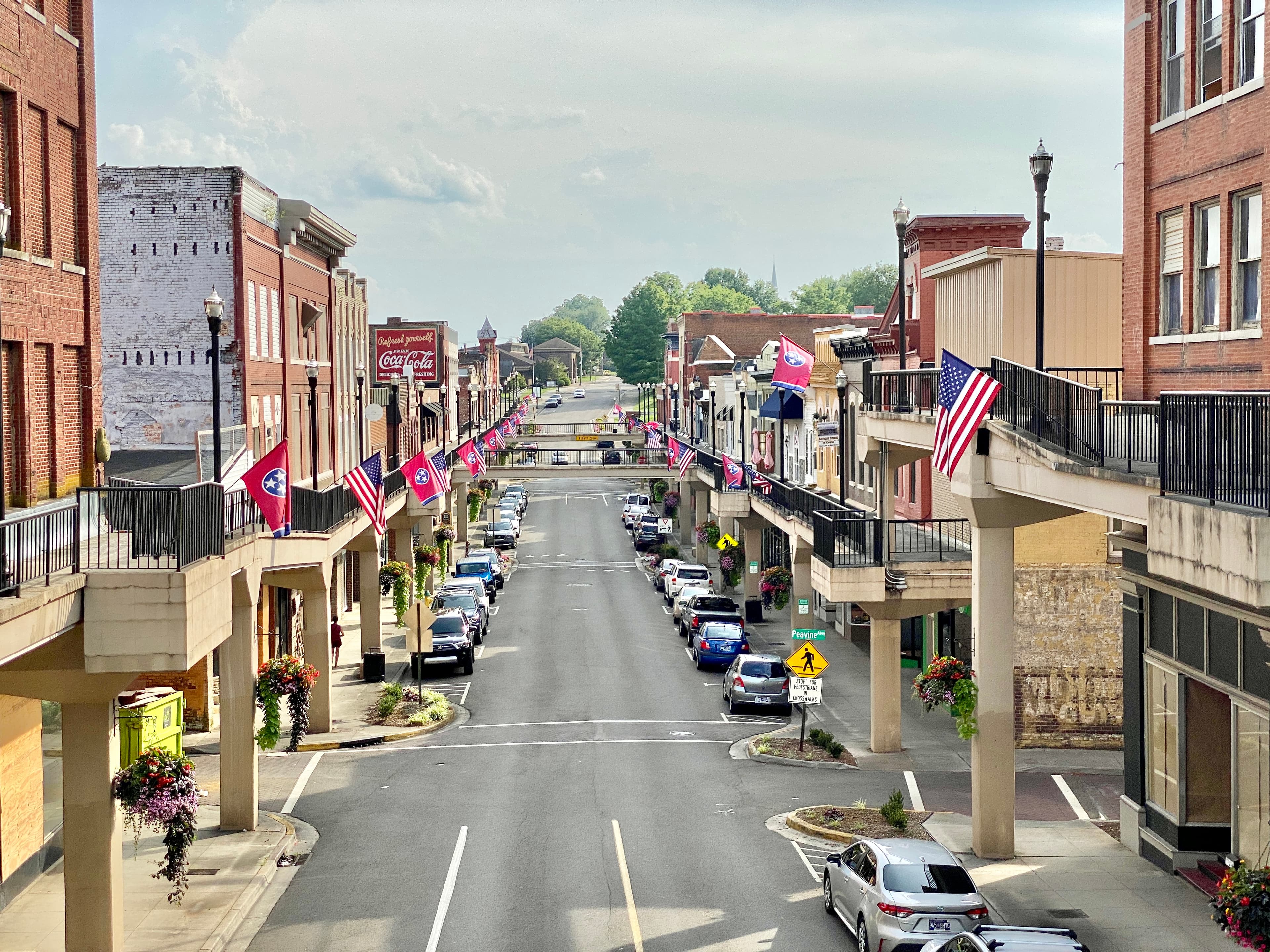 Main Street view from the SkyMart, Morristown, Tennessee — the elevated walkway looking down Main Street, with brick storefronts on both sides.
